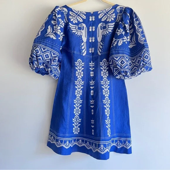 FARM Rio Tropical Printed Blue Euroflax Premium Linen Mini Dress Size Medium NWT - Picture 5 of 13